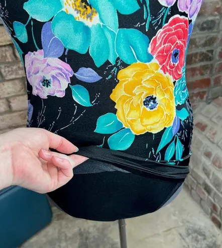 one piece swimsuit floral Vintage 1980s modesty panel Green Size 18