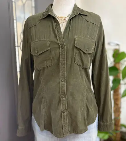 Bella Dahl Olive Green Corduroy Utility Western Style Button Down Shirt | M