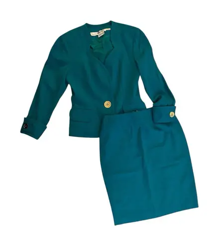 Bill Blass for Neiman Marcus Wool Skirt Suit Size 8 Emerald Green 2 Piece Set