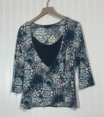 Y2K I.N Studio Floral Wrap Blouse Top L Blue Black Officecore Retro Workwear USA Size L