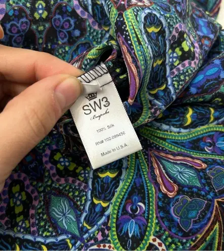 SW3 BESPOKE Silk Dress Cover Up Kaftan Size Small Colorful Paisley Boho Swimsuit Blue