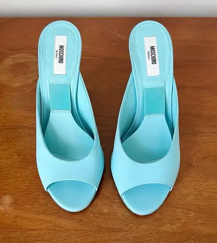 Moschino x Barbie • turquoise stiletto mules heels sandals peep toe