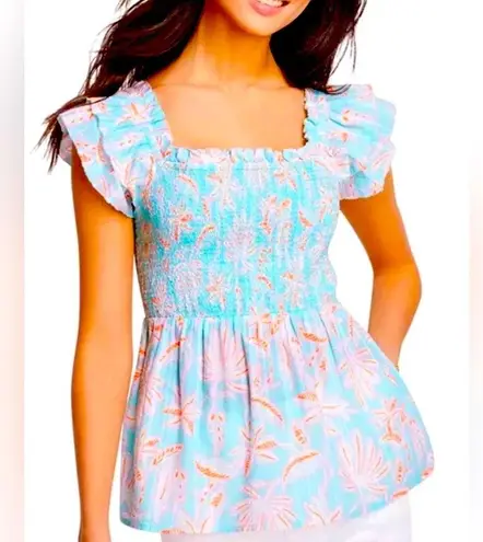 Vineyard Vines  Floral Smocked Ruffle Sleeve Top Sz L