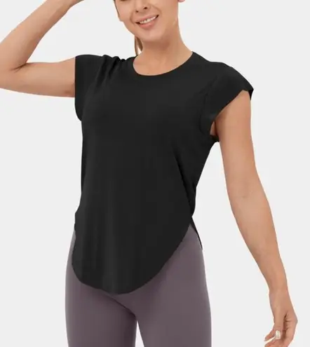 Halara NEW  Round Neck Curved Hem Yoga Sports Top Black Medium