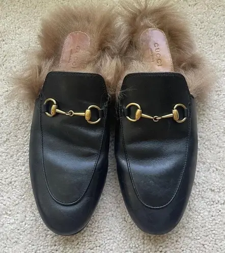Gucci  Princeton Black Fur Mules Slip On Shoes horse bit loafer slides - Image 1