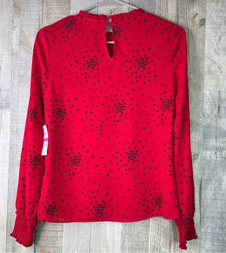 Maison Jules Size XXS Black & Red Long Sleeve Mock Neck Heart Print Blouse