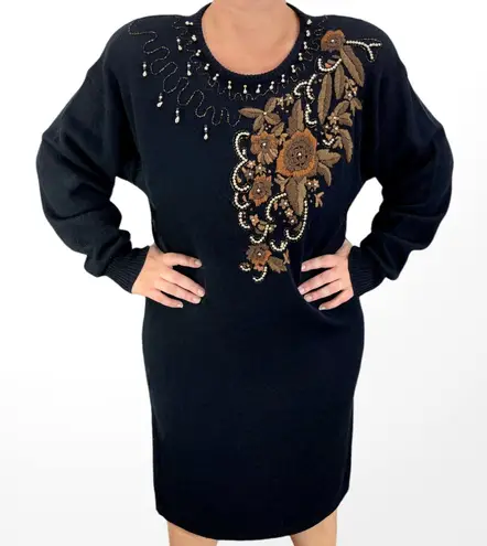 80s Vintage LARISA Black Embroidered and Beaded Knit Midi Sweater Dress Size L