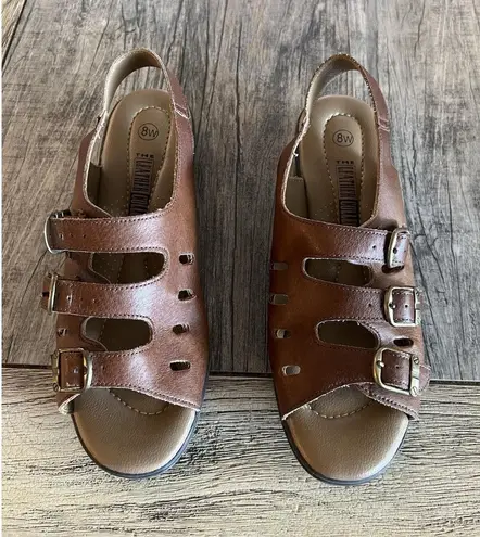 The Leather Collection Women’s Comfort Sandal Sling Back Tan Sz 8W Three Buckle Brown