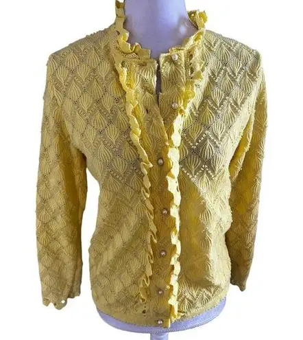 Vtg 1960s pointelle scallop ruffle cardigan sweater small butter yellow