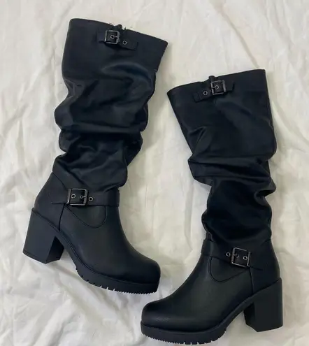 Dream Paris NEW Dream Pairs Black Chunky Platform Buckle Slouchy Knee High Heel Boots US 8.5 - Image 1
