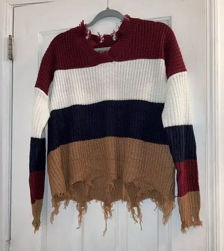 Size 1X plus red white blue brown fringe distressed vneck sweater