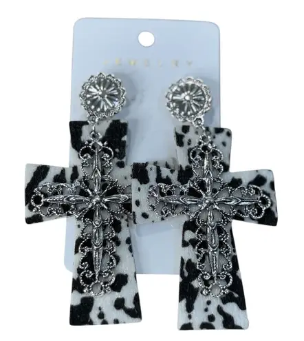 Cow Print Cross Dangle Earrings Western Country Silver Tone Statement New Black
