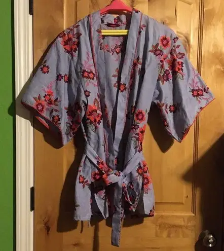 JOSIE NATORI Blue Pinstripe Floral Embroidery Tie Waist 3/4 Slv Robe EUC XS