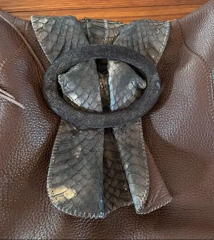 Chi Boho Brown Leather with Snake Skin Handle And Magnetic Snake Skin Closure.