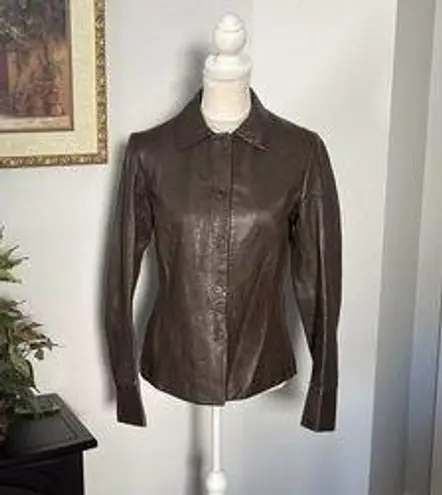 BCBGMAXAZRIA BCBG MAX AZARIA Leather Jacket Womens Size 8 Brown Long Sleeve Buttons Front