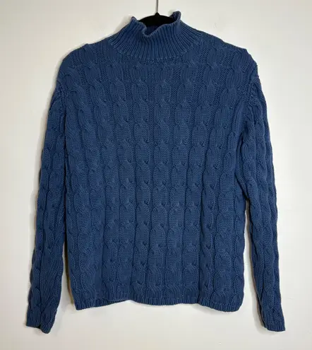 LL Bean Women's Blue Cable Knit Mock Neck Fisherman Sweater Size LG