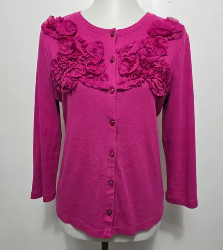 Rafaella Cardigan Magenta Pink 3/4 Sleeve Floral Embellished Cotton Medium