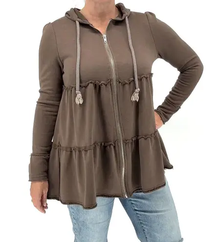 PaperMoon Womens Small Tiered Ruffled Zip Up Hooded Drawstring Top Brown Jacket