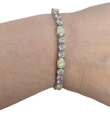 Synthetic Opal and Rhinestone Bolo Slide Lock Silver Tone Bracelet