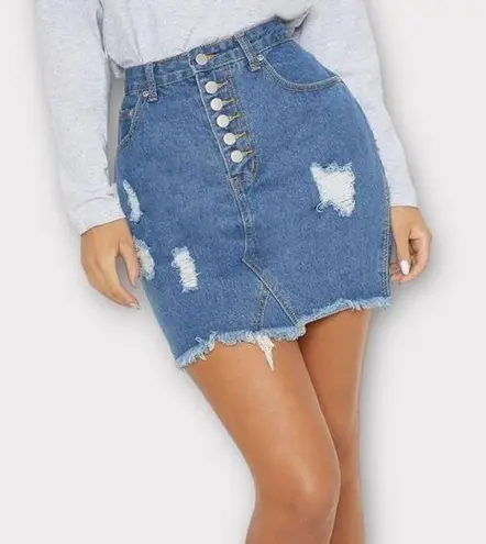 Pretty Little Thing  Mid Wash Button Front Distressed Denim Skirt Size 6