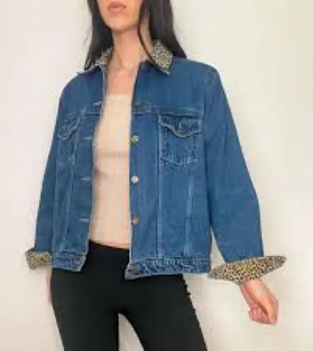 Vintage AGAPO Leopard Collar Denim Jacket with velvety Patchwork back Blue Size 1X
