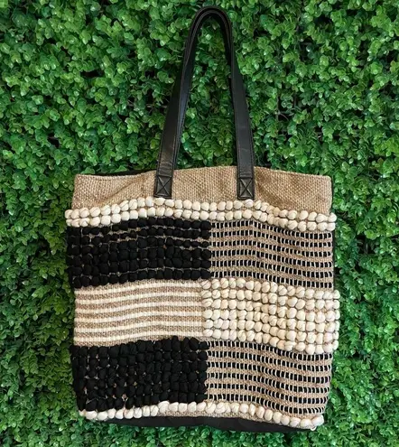 straw studios Large Bohemian Macrame Tote Bag Tan Black