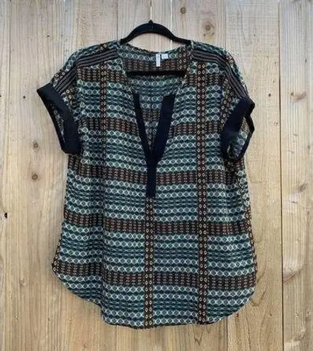 Cato  Womens Top Large Brown Geometric Print Short Sleeve Blouse V Neck Boho