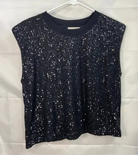 Skies Are Blue women's black sequin striped crewneck sleeveless blouse top M