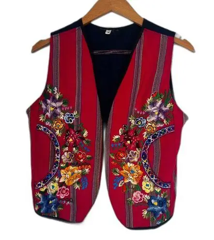 Embroidered Red Navy Vintage Cotton Hippie Western Rodeo Guatamalan Vest Small