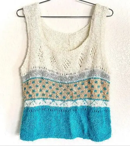 Vintage Handmade White Blue Knit Sweater Tank Top