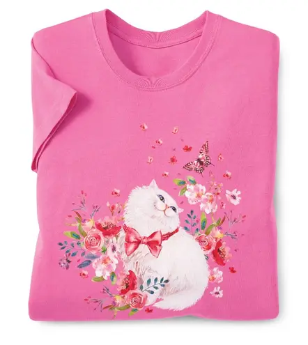 AZALEA SITTING KITTY PRINTED SHORT SLEEVE COTTON TEE WOMENS LG PINK PREOWNED