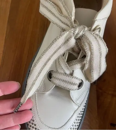 Lorena Antoniazzi Cream Leather Sneakers Studs Stars Ribbon Silver 41 9.5 Italy