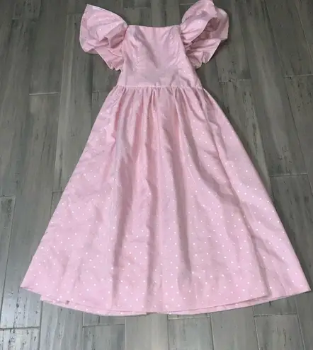 Handmade Cinderella Pink Chiffon Overlay Metallic Polka Dots Ruffle Off Shoulder Dress XS