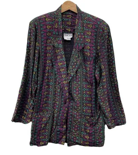 Surya Blazer Jacket Womens Medium Black Purple Rayon Aztec Print Vintage 80s