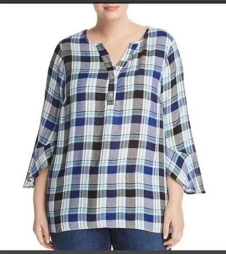 STATUS BY CHENAULT 2X Blue Plaid Henley Top Ruffle Sleeve