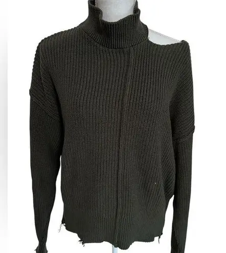 Bobi NWT  Black Shoulder Cut Out Distressed Turtleneck Sweater Army Green Size XL - Image 1