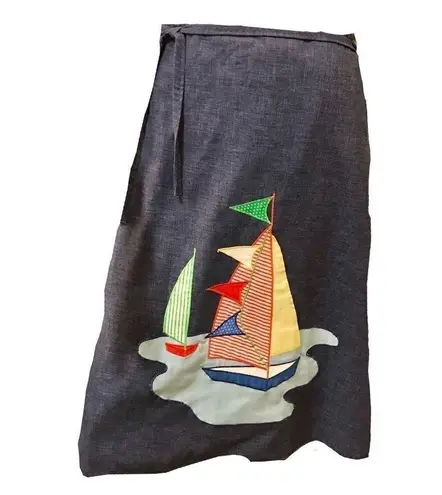 Vintage 1970s Sailboat Wrap Denim Skirt Medium Gingham Print Blue Size undefined