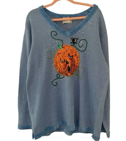 Vintage Halloween Sequin Jack O Lantern Pumpkin Coastal Grandma Sweater Blue Size XL