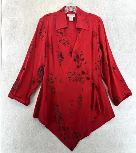 Soft Surroundings Small Tunic Top Pagoda Asian Wrap Button V Neck Red Black