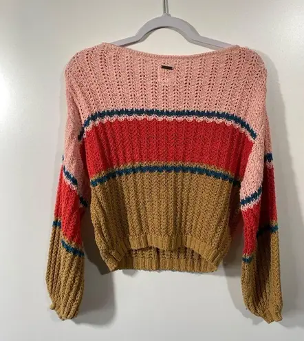 Billabong Open Knit Sweater size small Colorblock Red Pink Brown