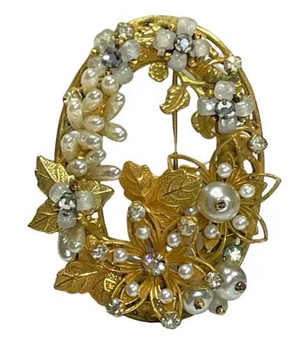 Vintage Designer Original By Robert Faux Pearl & Crystal Brooch/Pin Gold