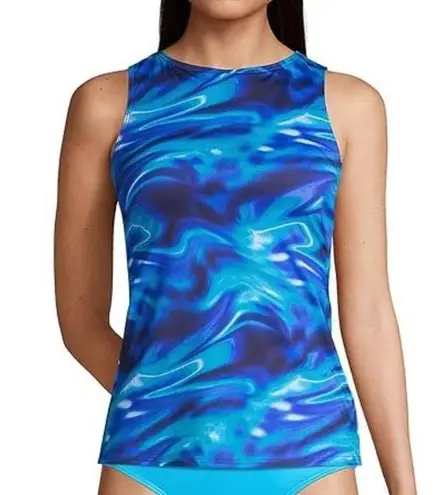 Lands End Womens Blue Swirl Tankini Top Built In Bra Size 10 Modest Swim Beach