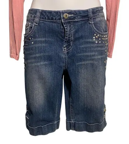 Y2k blue low rise bermuda denim shorts with bedazzled and studded details Size 12