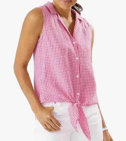 Tommy Bahama  Pink Linen Shirt Tie Front Sleeveless Gingham Way Camp Shirt Sz XL