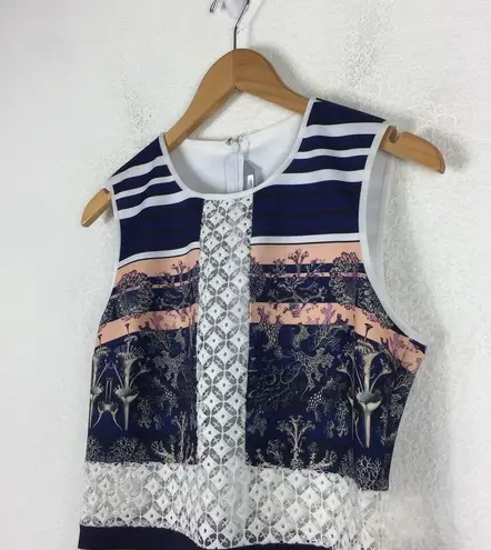 Clover Canyon Lace Inset Neoprene Marine Garden Floral Midi Dress Large Cocktail