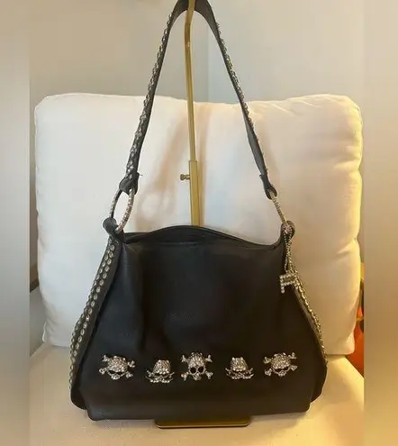Raviani Black Shoulder Bag w Silver Skulls & Silver Embellishments RETAIL $1250