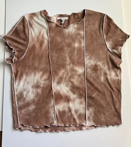 Full Tilt Top Brown Tie Dye Ruffle Contrast Trim Crop Short Sleeve