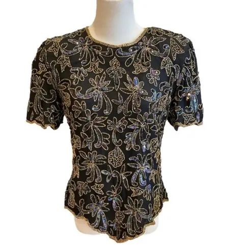 Papell Boutique Vintage Papell Beaded Top Sequin Blouse S Wedding Formal Black Gold