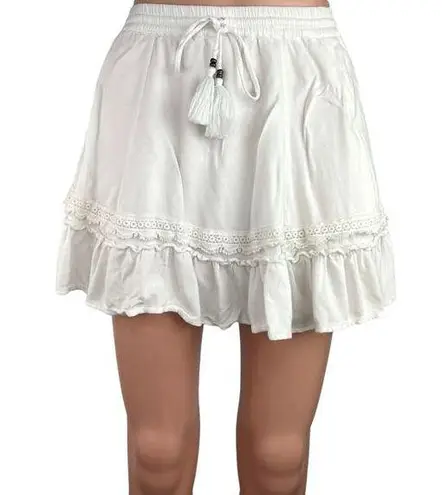 Kivari White HIgh Waisted Tasseled Lace Ruffle A Line Mini Skirt Size XXS