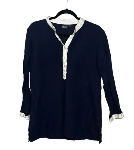 Madison Mathews 100% Linen Navy White Trim Tunic Top Beach Cover Up Size Small Blue